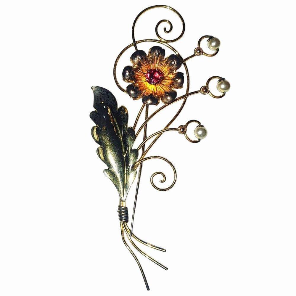 Van Dell 12K Gold Filled Floral Brooch Vintage Faux Pearls Red Center Stone